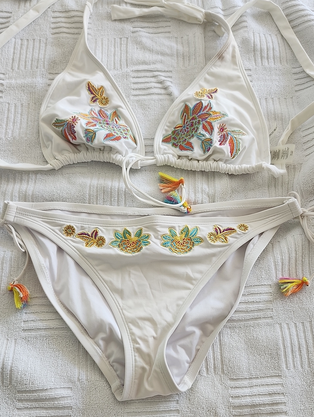 Bleu Rod Beattie White Bikini Set with Multicolor Floral Embroidery